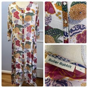 Roller Rabbit Cheri Floral Tunic Dress Kaftan Button Front Pockets Womens Size M
